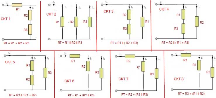 How many different combinations may be obtained with three resistors each having resistance R 2