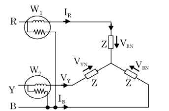  In the circuit shown, the pressure coils of two wattmeters are connected to