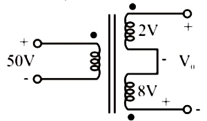 A three-winding transformer is connected to an AC source with 50V RMS 