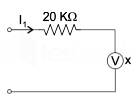 An analog voltmeter uses external multiplier setting with a multiplier setting of 20 kΩ,
