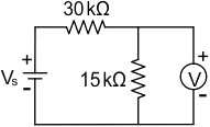 A voltmeter connected across 15 kΩ resistor reads 10 V. Voltmeter is rated at 500 Ω