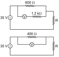 A 35 V source is connected to a series circuit at 600 ohms and R as shown.