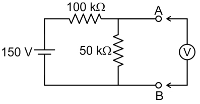 For the network shown in the figure the voltage across terminal AB is measured a voltmeter of sensitivity 1kΩ/V, then find the percentage error in the measurement.