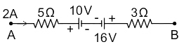 The figure shown here is a branch of an electric current where current is moving from A to B. Find the value of (VA – VB).
