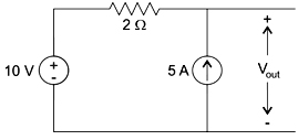 In the circuit shown below, the voltage and current sources are ideal. The voltage Vout across the current source, in volts, is