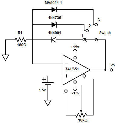 Determine the current through the diode, when the switch is in position 1, 2& 3. Assuming op-amps initially nulled.