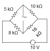 In the Wheatstone bridge shown below, if the resistance in each arm is increased by 0.05%, then the value of Vout will be?