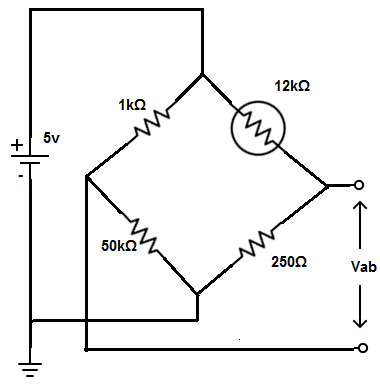 Consider the given bridge circuit, find the voltage across the output terminal, Vab.