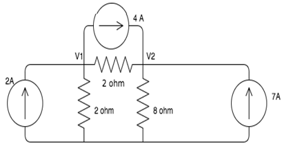 Calculate the node voltages V1 and V2 of the given circuit.