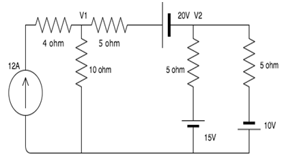 Find the voltage of V1 and V2 using Nodal Analysis.
