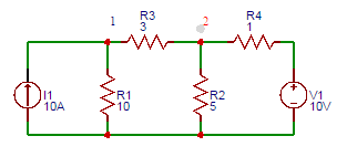 Find the voltage at node 1 of the circuit shown below.