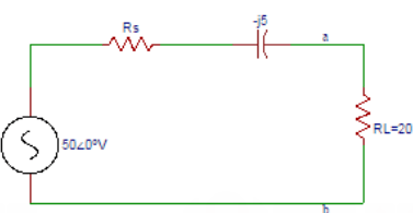 For the circuit shown, the resistance R is variable from 2Ω to 50Ω. What value of RS results in maximum power transfer across terminals ‘ab’.