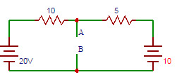 Find the current flowing between terminals A and B in the following circuit.
