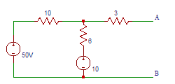 Determine the equivalent Thevenin's voltage between terminals A and B in the circuit shown below.