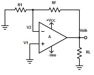 Given below is a differential amplifier in which V1=V2. What happens to VOIB at this condition?